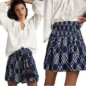 Anthropologie Rimbaud Tie Waist Mini Skirt in Blue Motif  Ikat Print Size XS